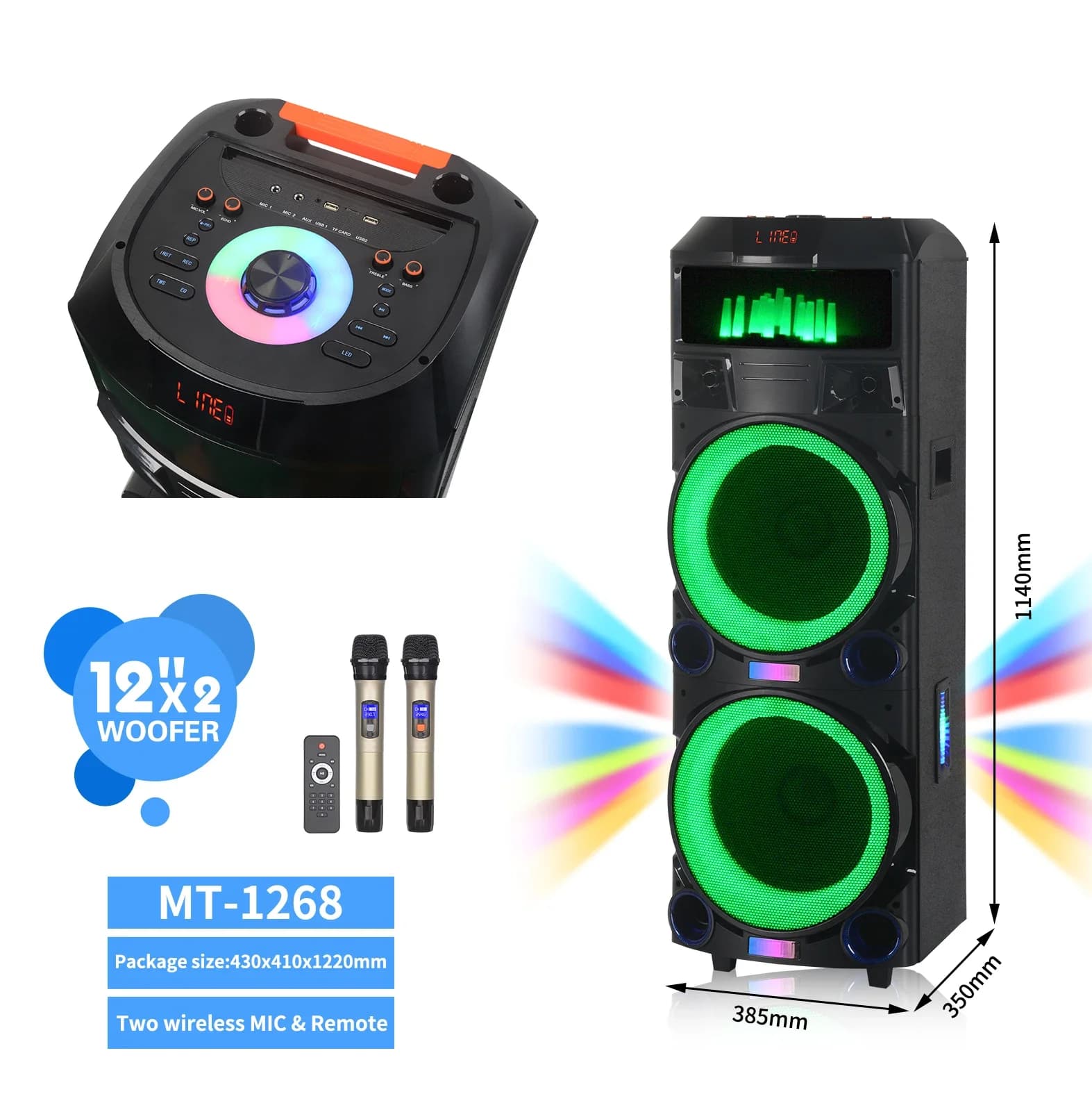 Altoparlante Karaoke Bluetooth Wireless da 12 Pollici con Doppio Microfono