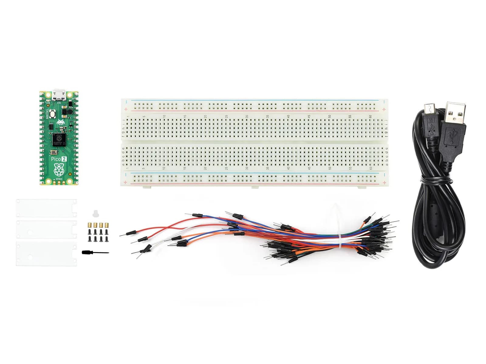 Raspberry-Pi-Pico-2-Starter-Kit, with Raspberry Pi Pico 2/experimental card and jumper/protective acrylic cables