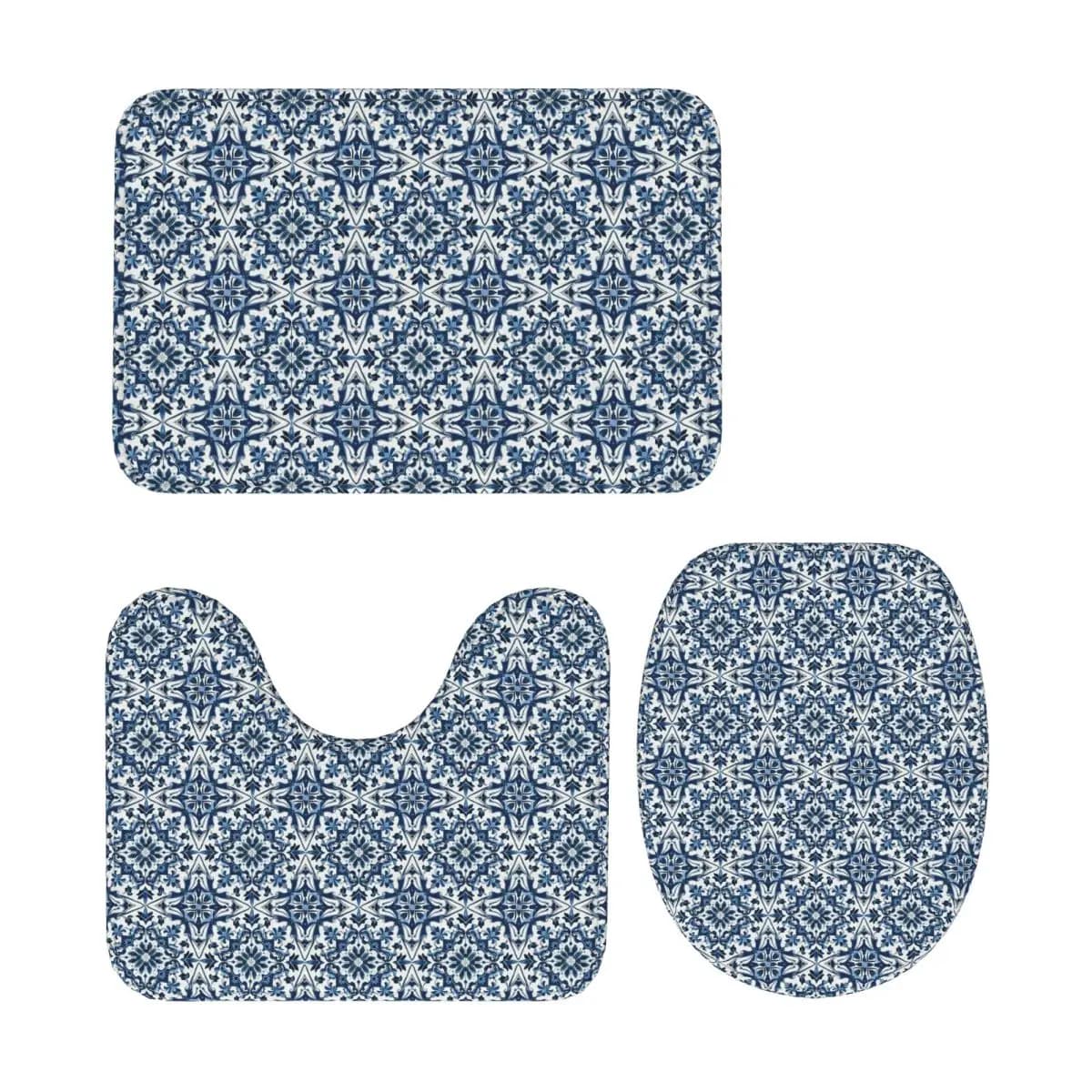 Tappetino da bagno in 3 pezzi con motivo Majolica blu e bianco Set da bagno Copri coperchio per WC Decorazioni per la casa Tappeto antiscivolo