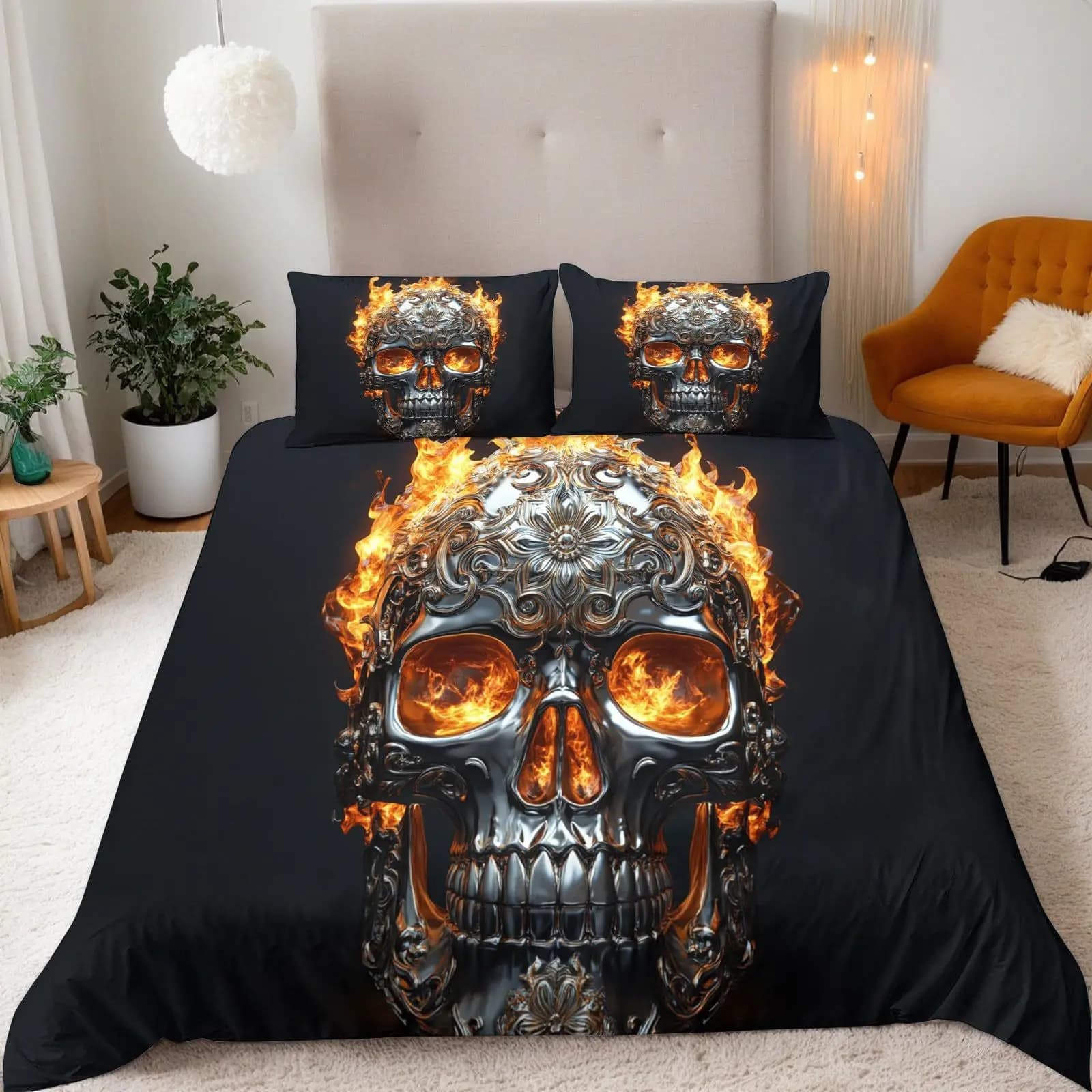 3D printing Flame Skull Duvet Cover Set Halloween Skull Bedding sets Soft Quilt Cover and Pillowcases for Teens Single/Double