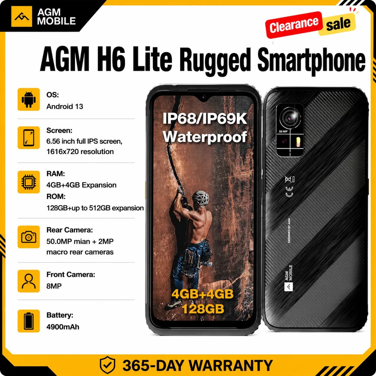 AGM H6 Lite Smartphone Robusto, 4GB + 128GB, Fotocamera 50MP, Display IPS HD+ da 6.56 ", IP68, IP69K, 4900mAh, NFC