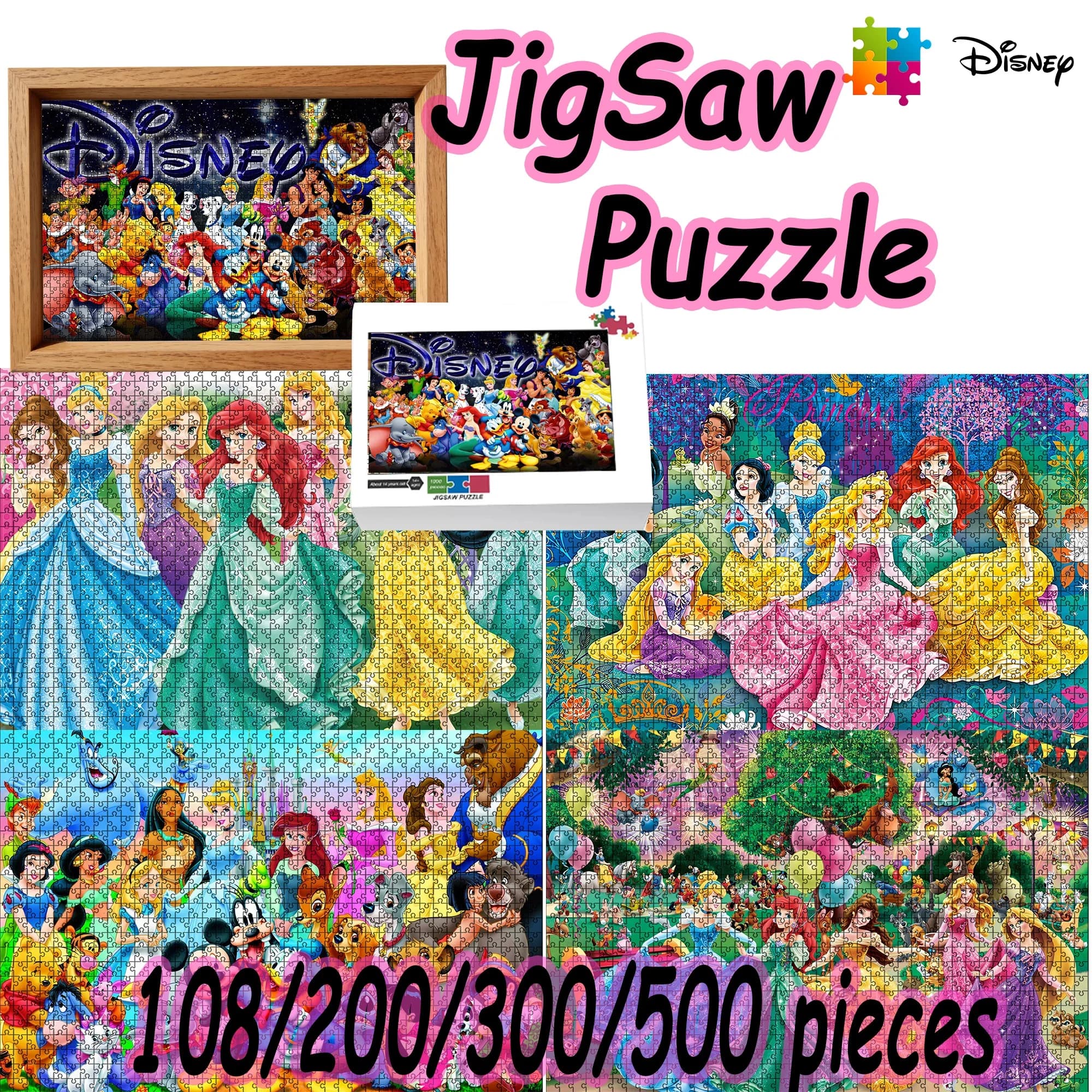Puzzle Disney Princess 108/200/300/500/1000 Pezzi Puzzle da Pavimento in Legno di Alta Qualità Regalo Divertente Gioco per Feste
