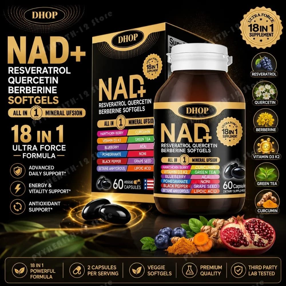DHOP 18 in 1 Complesso NAD+ in Capsule Morbide con Resveratrolo, Quercetina, Berberina, Tè Verde, Miscela di Vitamina D3 e K2, Integratore Alimentare, 60 Capsule