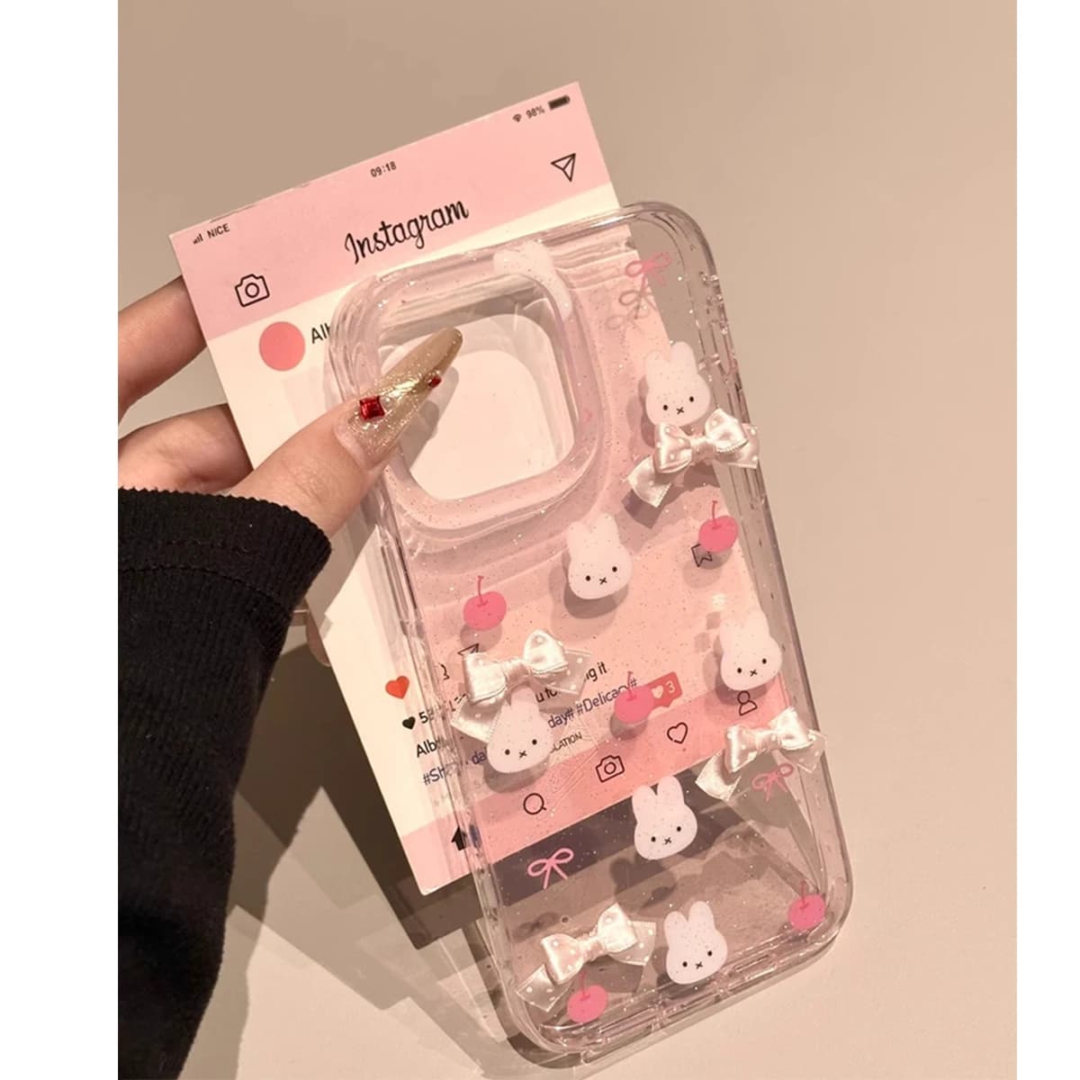 Miniso Cartoon Cute Pink Apple Miffy Rabbit Chain Pendant Anti Drop Girl Style Phone Case Suitable for Iphone 16 Promax