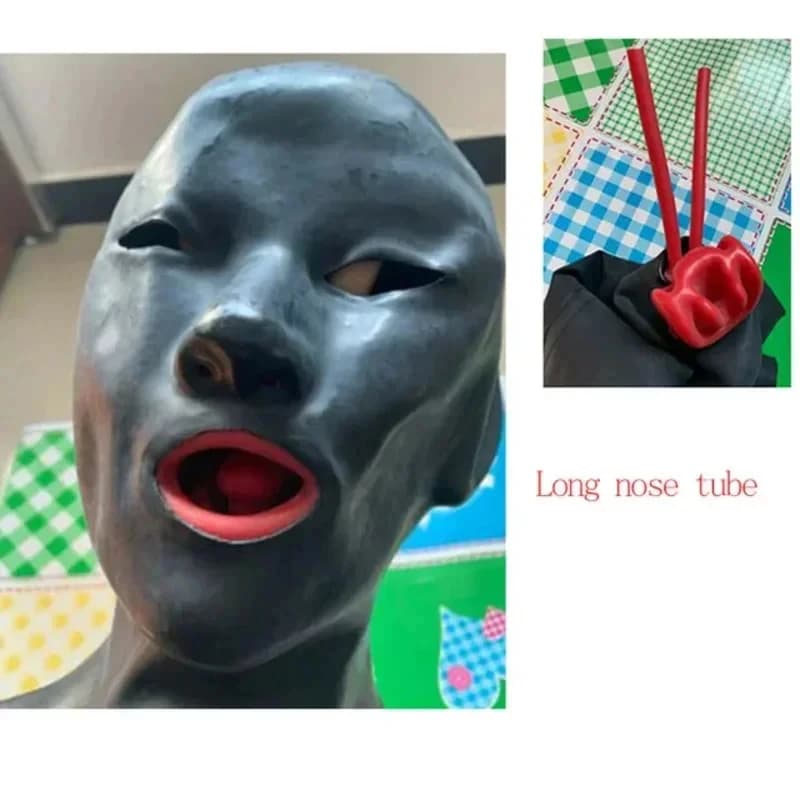 ABC123Seamless 3D Latex Hood Fetish Long Nose Tube Red Teeth Gag Rubber Mask Open Closed Eye for Women (Head Around 5b;6'j,k.9;a
