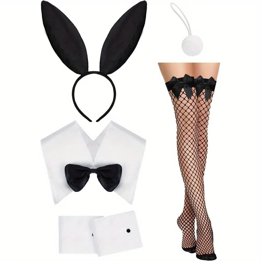 Set costume da donna orecchie da coniglio nere orecchie da coniglio coda di cavallo calze a rete nere vestito accessorio per ragazze per EASTERCosplay Party