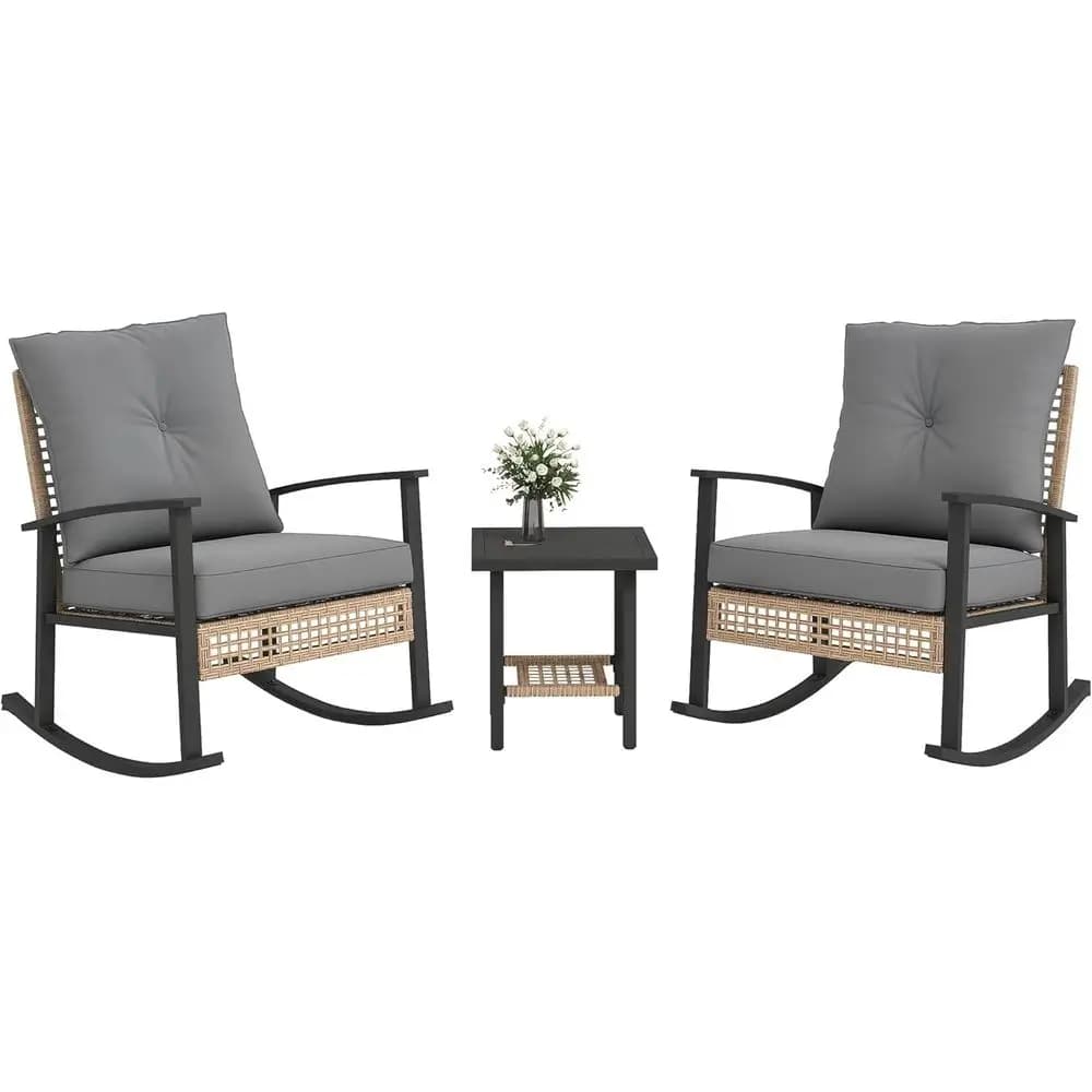 Set Bistrot da Esterno in Vimini a 3 Pezzi, Set di Mobili da Patio in Rattan con Tavolino e Sedie da Veranda, Cuscini con Bottoni o