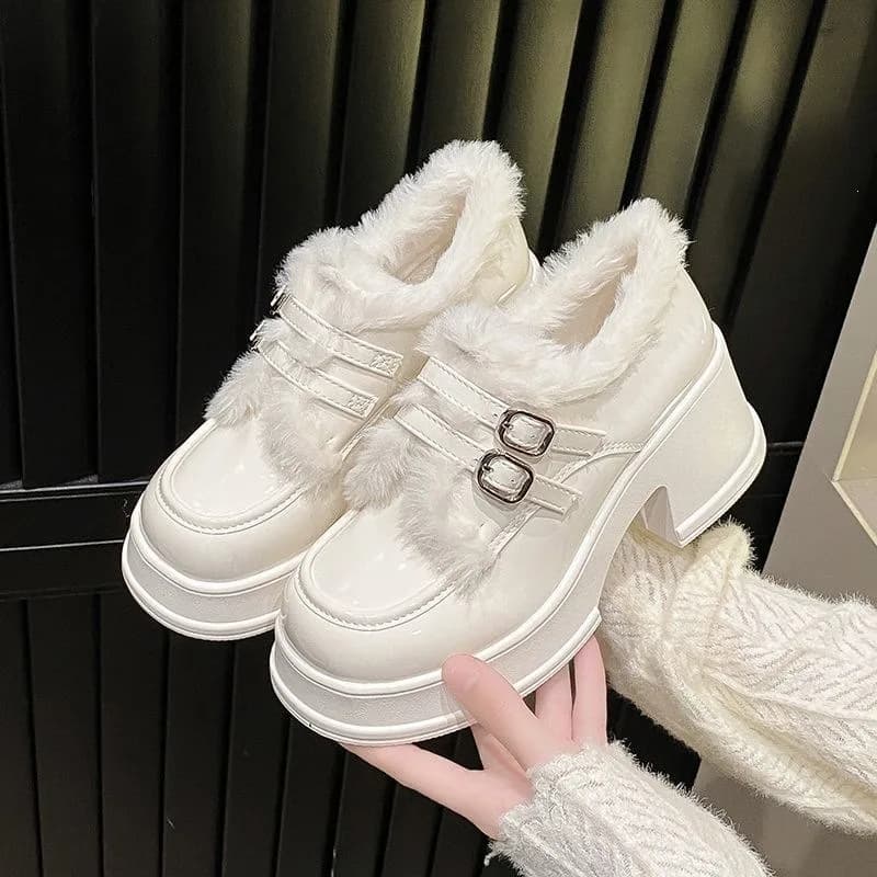 Fashionable Women's Mary Jane Loafers French Style Winter Chunky High Heel Thick Sole Plush Fur Lined Warm Shoes