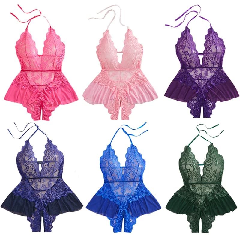 Body intero trasparente in pizzo con apertura sullo slip e schiena scoperta, lingerie sexy per donna, camicia da notte, abbigliamento erotico.