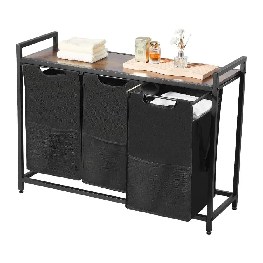 3-Section Laundry Organizer with Metal Frame and Wooden Top Freestanding Storage Unit with Pull-Out 600D Oxford Cloth Bags for