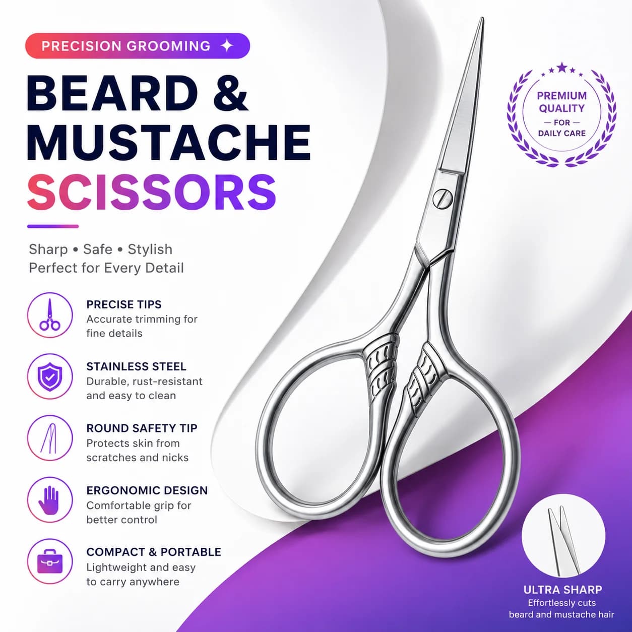 Professional Stainless Steel Beard Mustache Scissors Precision Grooming Trimming Shears for Beard Eyebrows Facial Hair Makeup Be