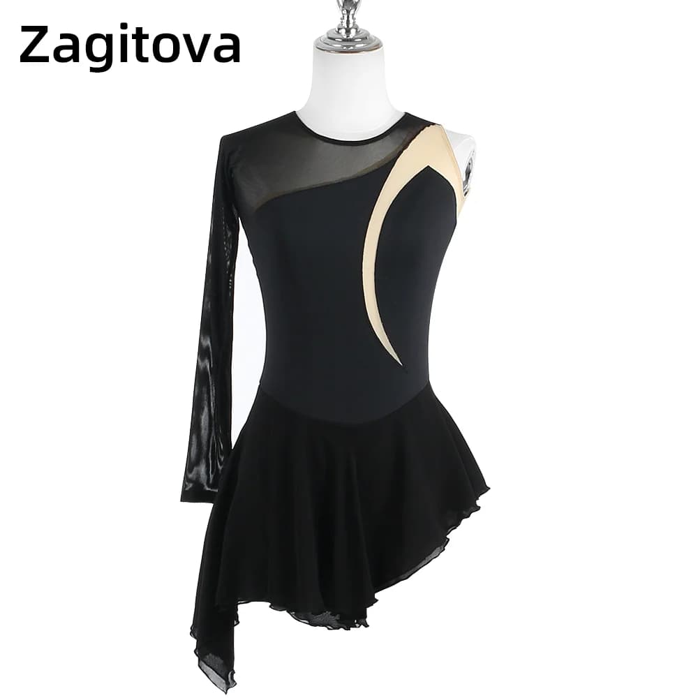 ZAGITOVA Abito da pattinaggio di figura Gonna da pattinaggio su ghiaccio per donna e ragazza Costume con gonna in rete nera senza diamanti