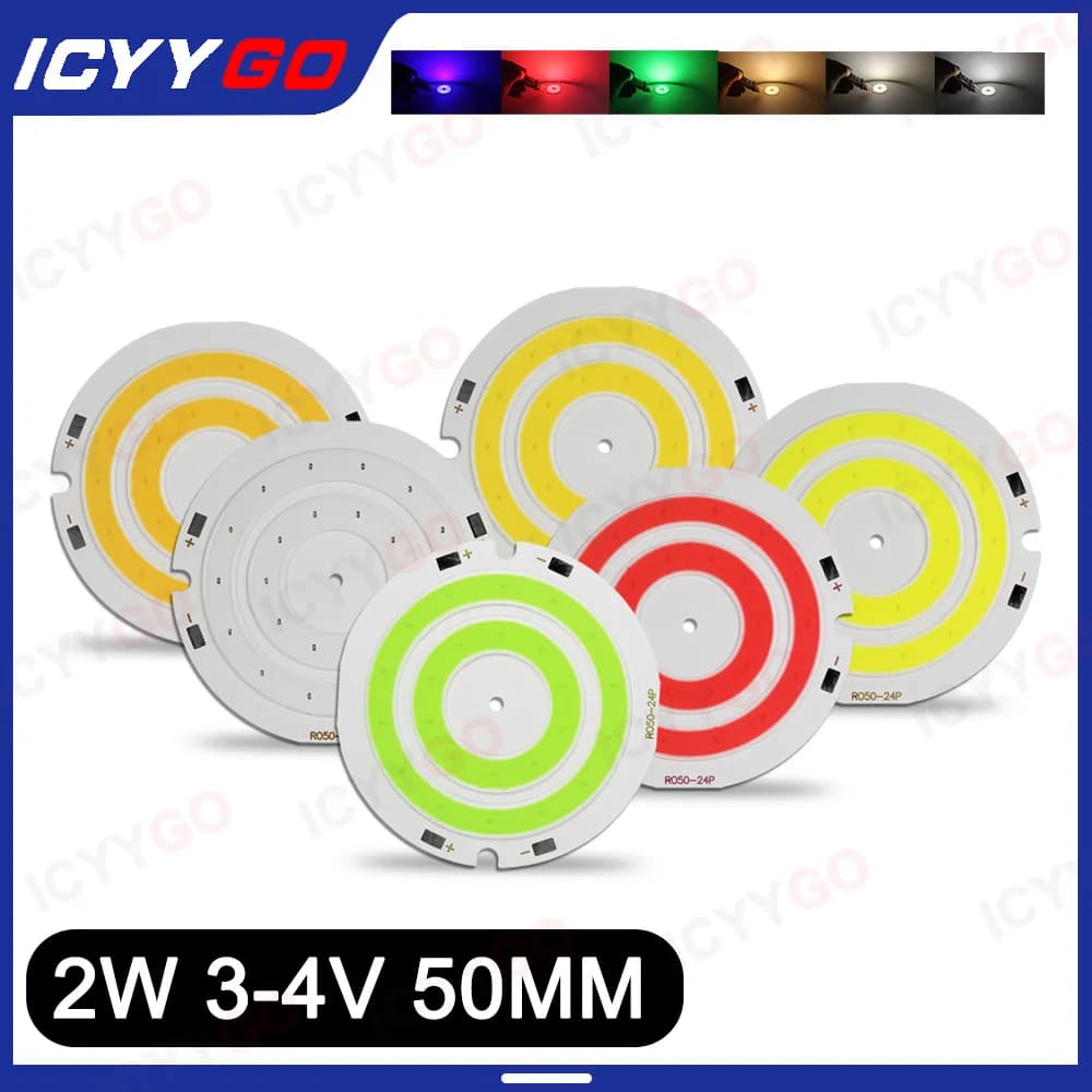 Chip LED da 2 W, sorgente luminosa rotonda COB da 3-4 V, diametro 50 mm, bianco caldo, rosso verde blu, pannello luminoso a doppio anello LED COB da 3,7 V