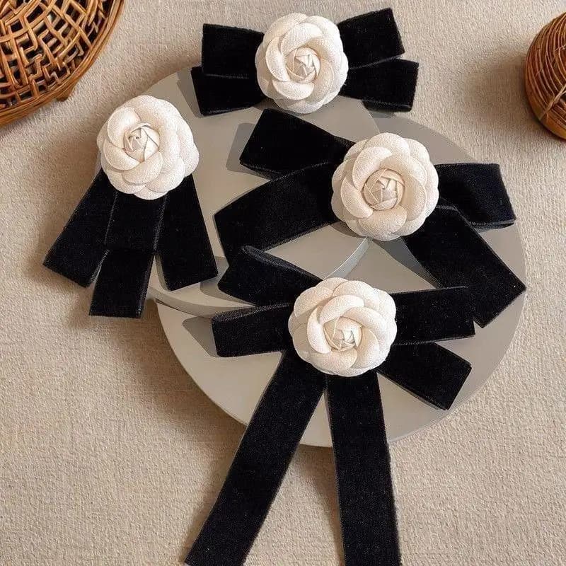Camellia Flower Brooches Balck Bow Lapel Pins For Women Corsage Shirt Scarf Buckle Badge Accessories