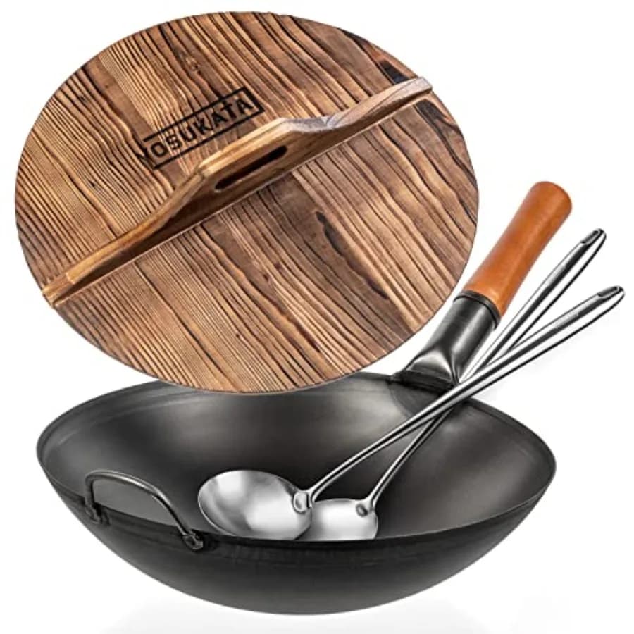 Kitchen carbon steel wok pan 14 inch with 17 inch spatula ladle and premium 14 inch glass lid for stir-frying durable black non