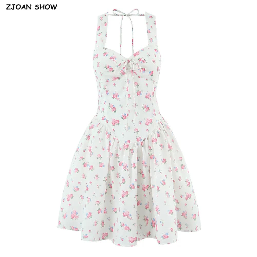 Women's sexy dress with white floral print with bow and V neckline, lacing on the back, slim, low waist, for parties, short dresses, sling, dress