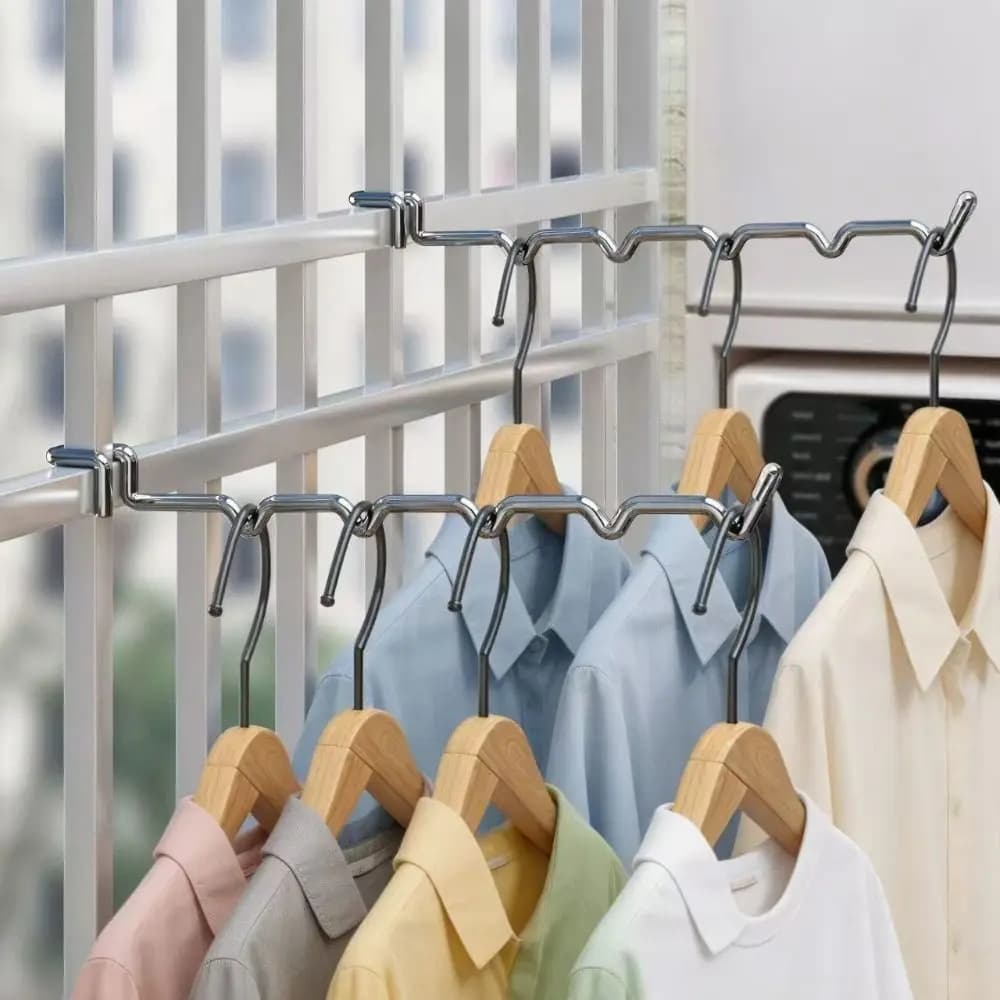 Stainless Steel Balcony Clothes Hanger Wave Shaped Multiple Hanging Slots Window Hanging Rack No Drill Hook Mount
