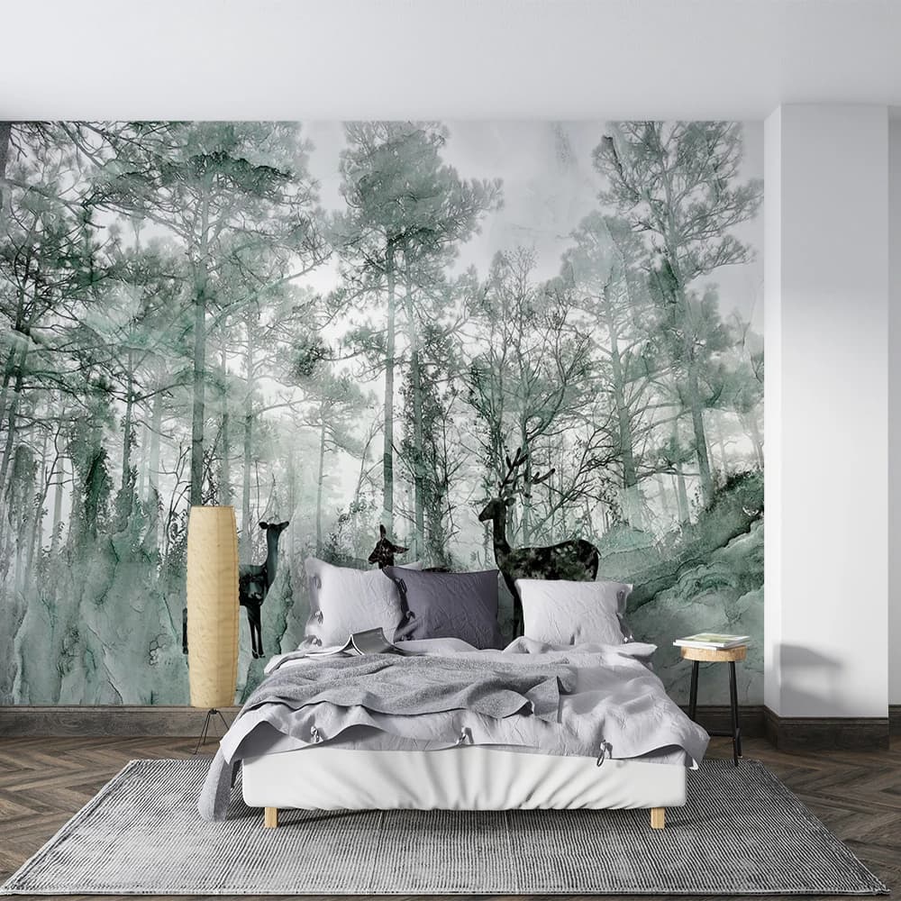 Carta da parati murale personalizzata con sfondo di cervo foresta dipinta a mano in 3D