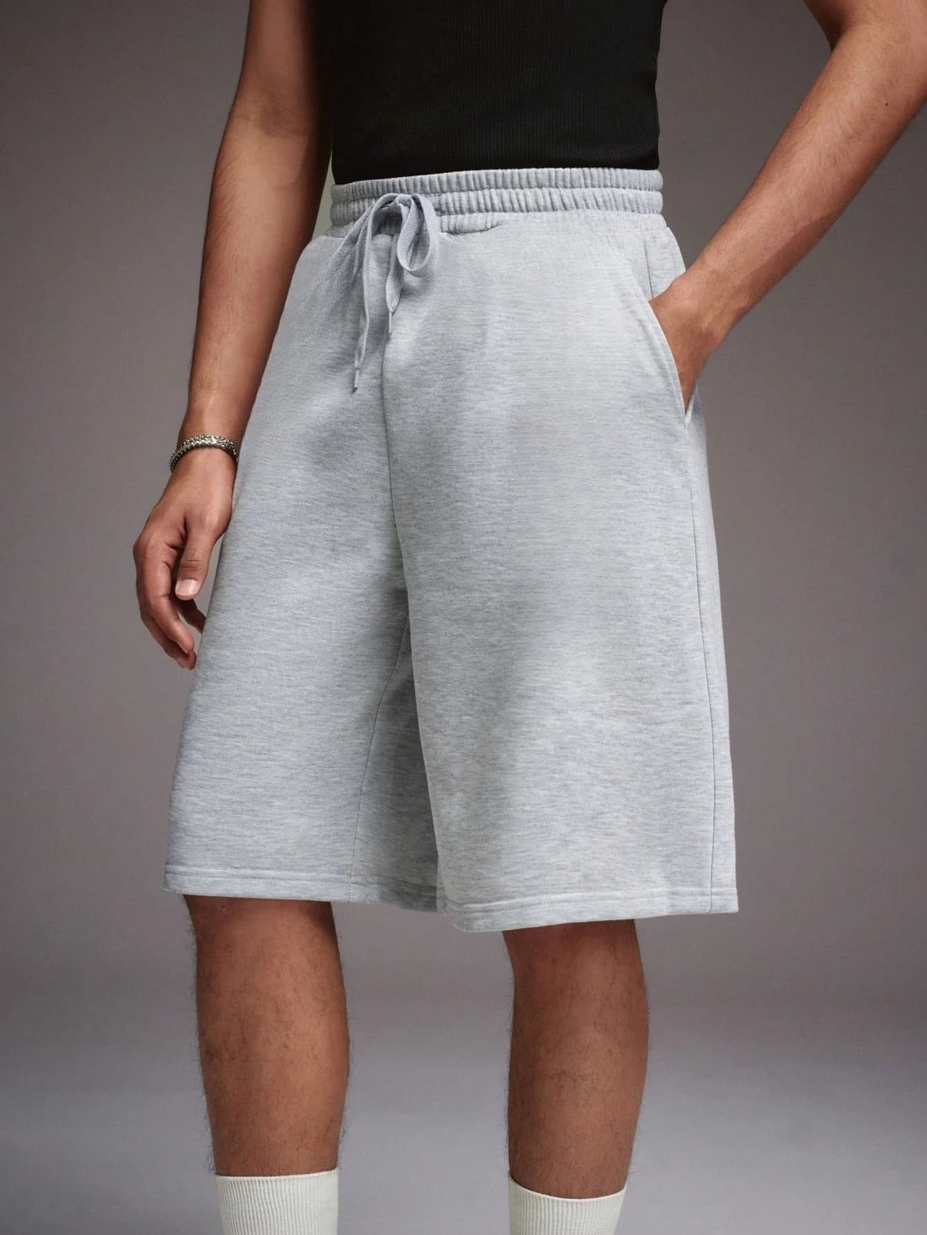 Pantaloncini da uomo in tinta unita con coulisse e tasche, casual, versatili, per tutti i giorni, grigi, in maglia, da casa