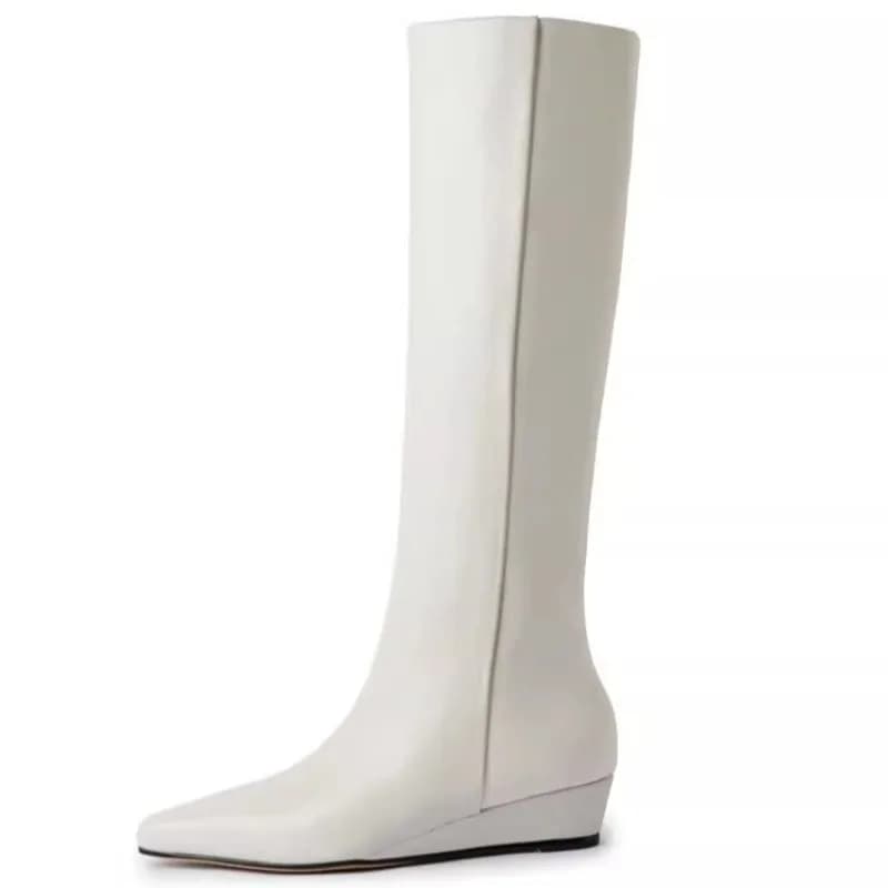 Fashion Knee-High Women's Boots Genuine Leather White Pointed Toe Work Chelsea Casual Wedges Modern Long Boots Female Shoes