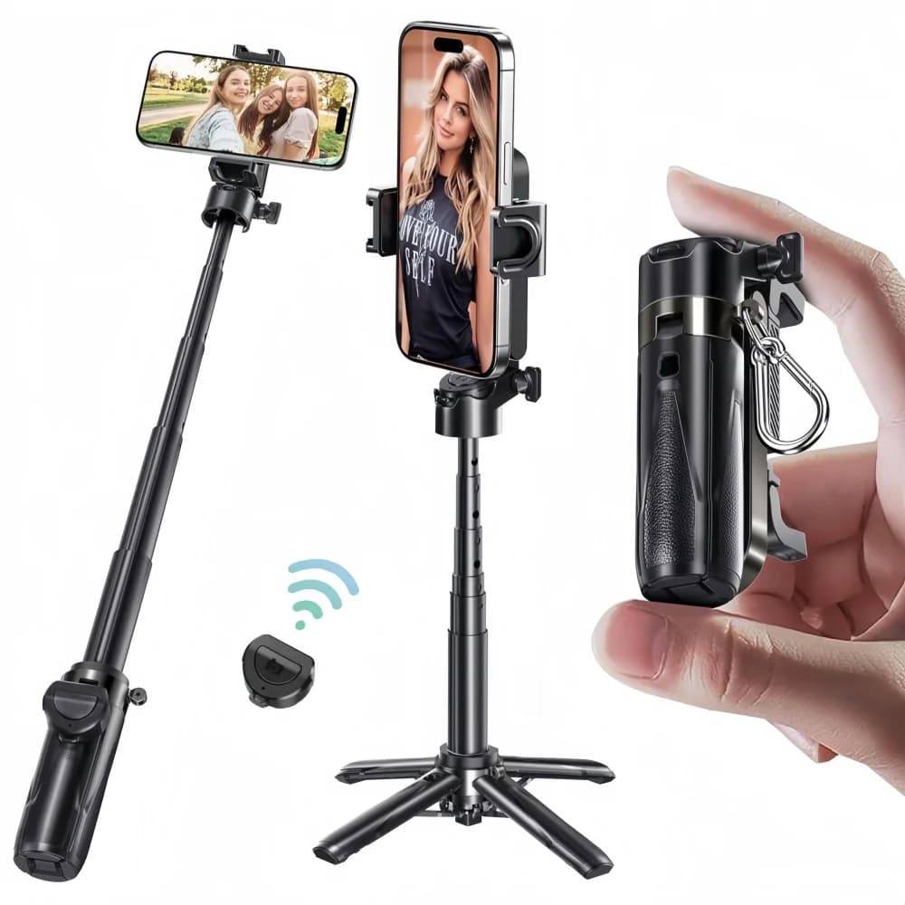 Treppiede portatile per selfie stick Bluetooth con telecomando, supporto per telefono pieghevole per iPhone e smartphone, design mini portachiavi