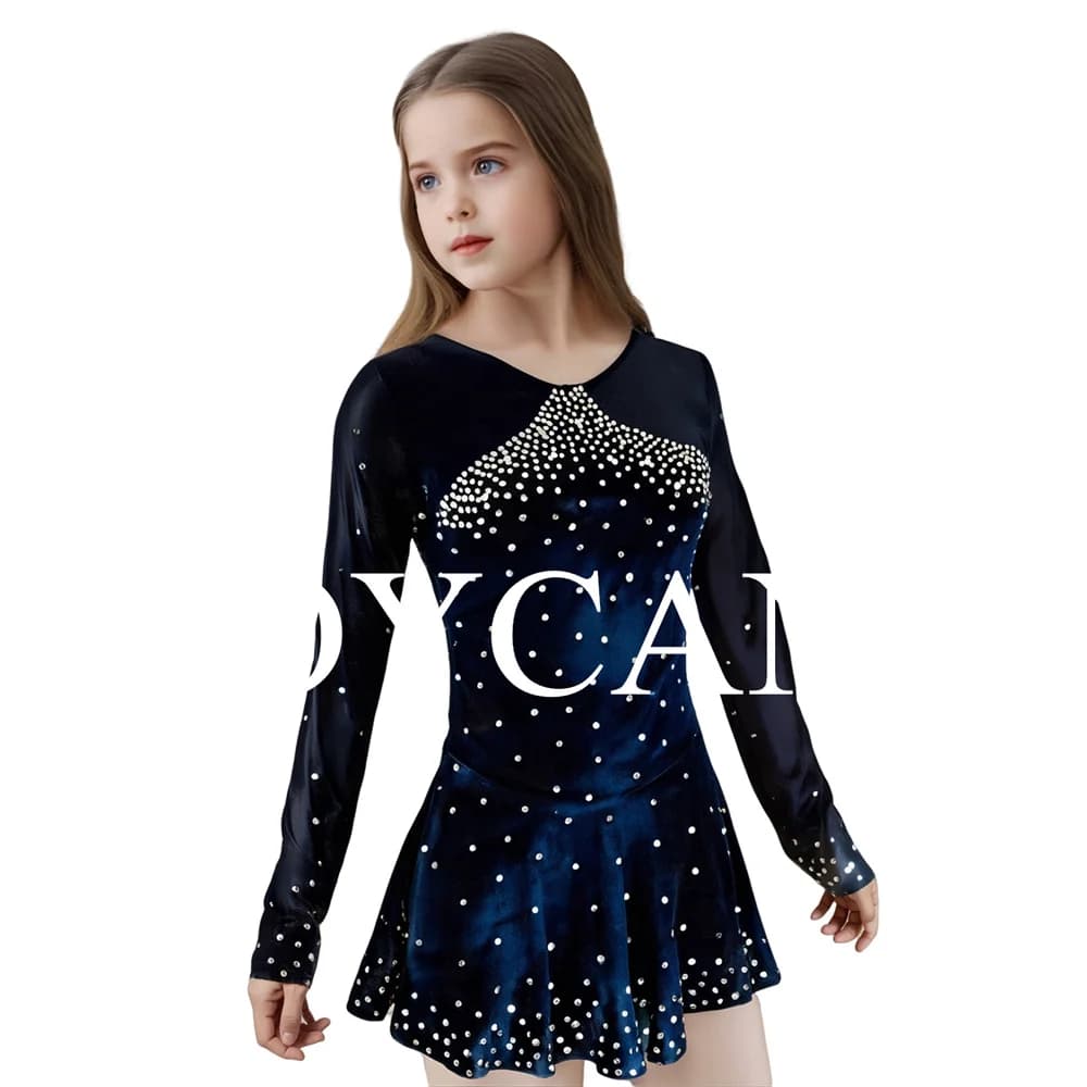 JoyCan Abito da pattinaggio artistico su ghiaccio per ragazze Abbigliamento da ballo da competizione elastico in velluto blu personalizzato