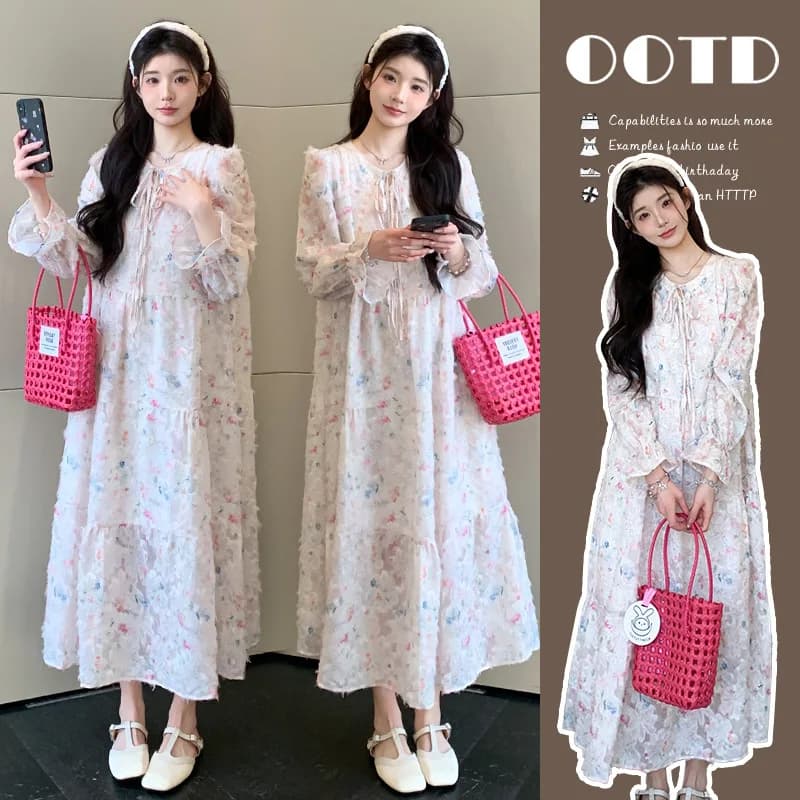 Abito Premaman Primavera Autunno 2026, Elegante e Grazioso, Vestito Lungo Floreale a Maniche Lunghe per Donne in Gravidanza
