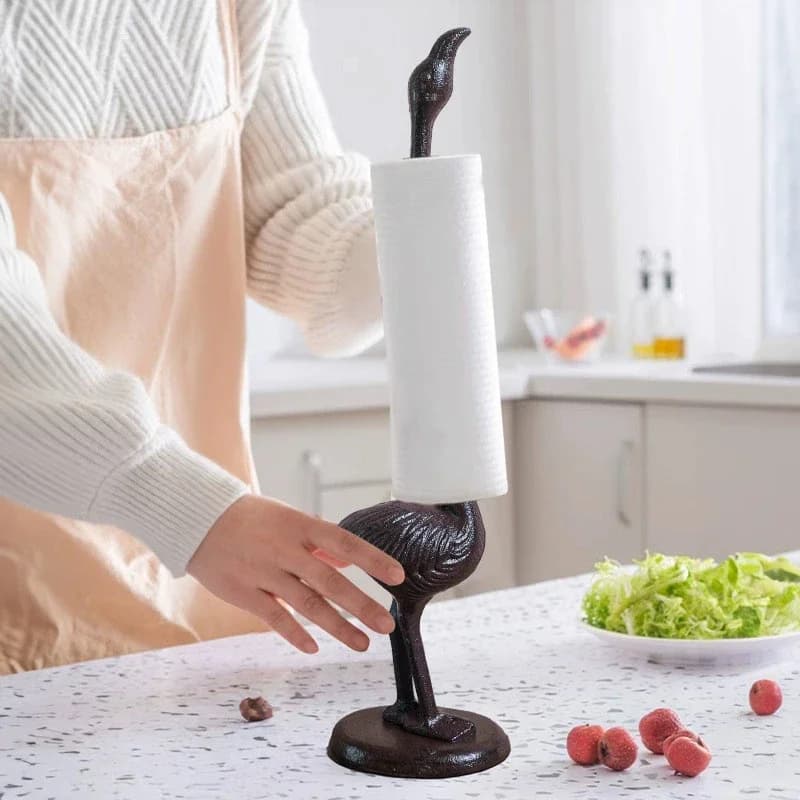 Rustic Flamingo Cast Iron Paper Towel Holder Farmhouse Handmade Wrought Iron Roll Paper Organizer Stand For Kitchen Toilet Heavy