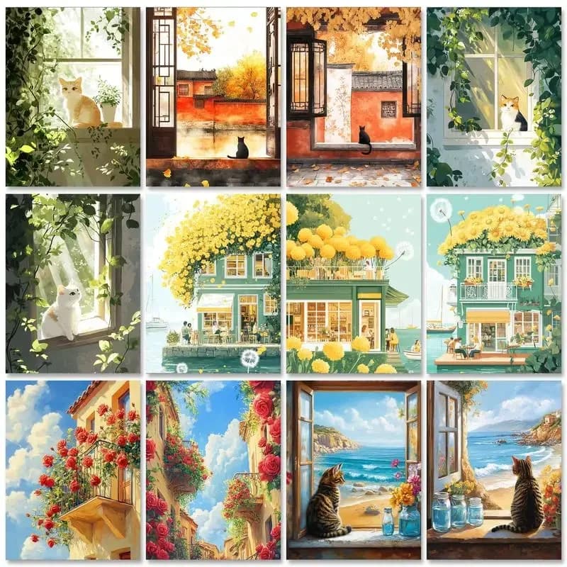 1pc frameless Oil Painting Package Diy Paint By Numbers Crafts For Adults Window Cats Picture Coloring Number Drawing On Canvas