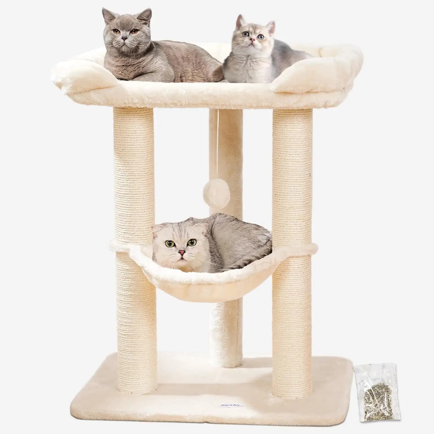 Albero per Gatti da 28 Pollici con Ampio Letto per Gatti Grandi, Tiragraffi e Amaca, Design Stabile, Beige