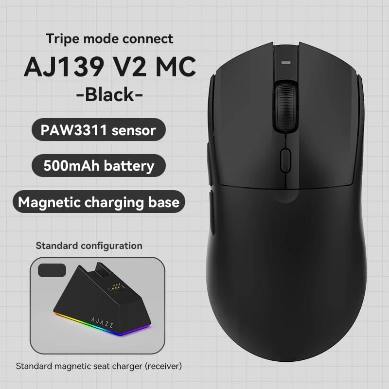 AJAZZ AJ139 V2 MC 1000HZ Gaming Mouse Small/medium size tri-mode wireless PAW3311 sensor lightweight design RGB full-color magnetic base About 66g lightweight
