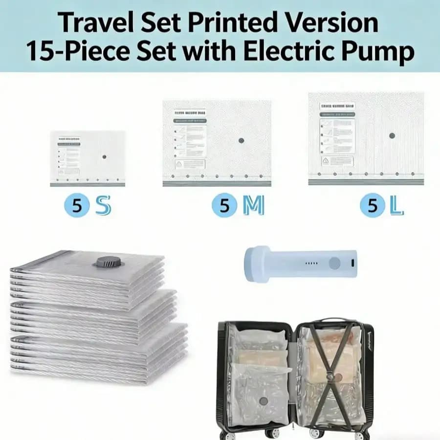 9/12/15 Pack Travel Vacuum Bags With Rechargeable Air Pump, Carry-On Size Vacuum Seal Bags For Luggage & Suitcase Compression, Space Saver Bags For Clothes Storage & Travel Essentials