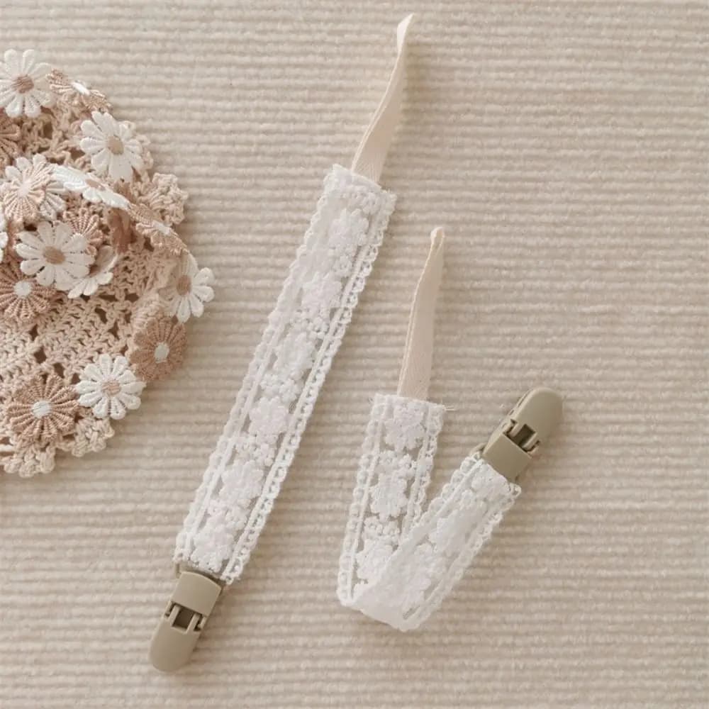 Catena per ciuccio in tessuto per bambini in pizzo Massaggiagengive regolabili Cinghie per giocattoli Porta succhietto Clip per ciuccio floreale Clip per porta capezzoli Bambini