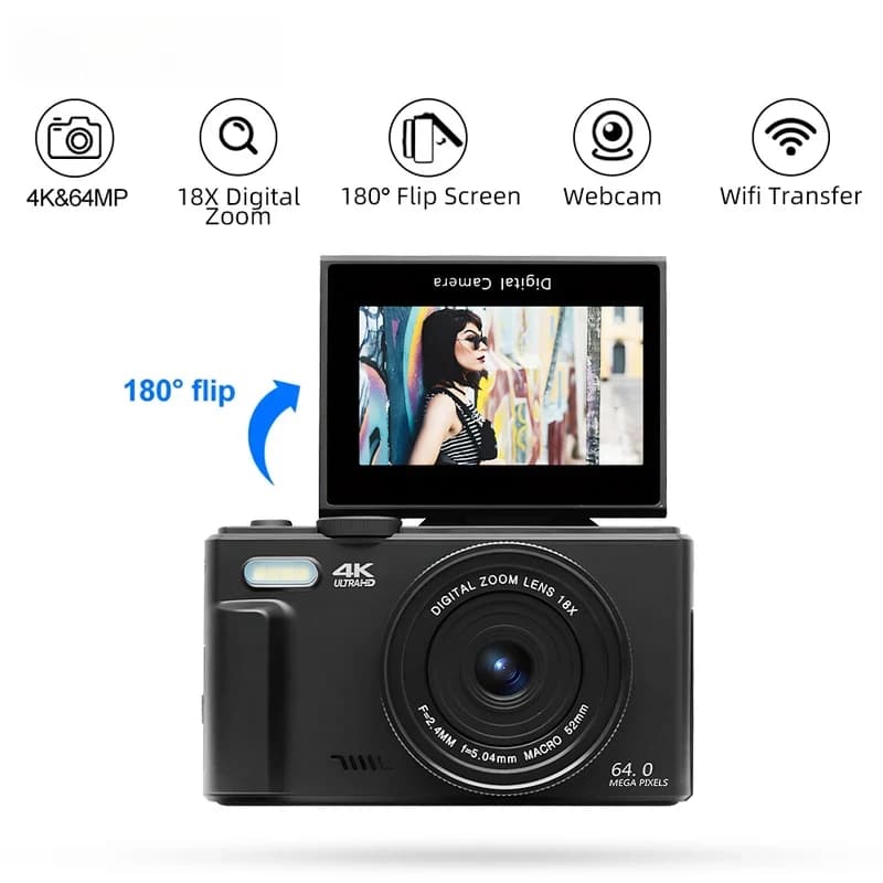 Fotocamera Digitale 4K WiFi Webcam, Zoom Digitale 18X 180° ° Registratore Video Vintage con Schermo Ribaltabile per YouTube e Selfie