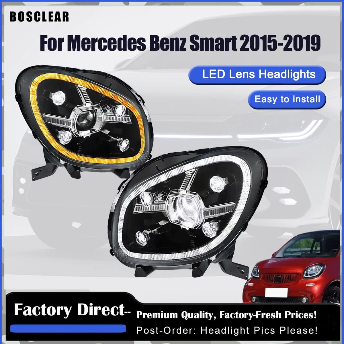 For 2016-2019 Mercedes-Benz Smart LED Diamond Daytime Running Light Modified 6000k Color Temperature Steering Headlight Assembly