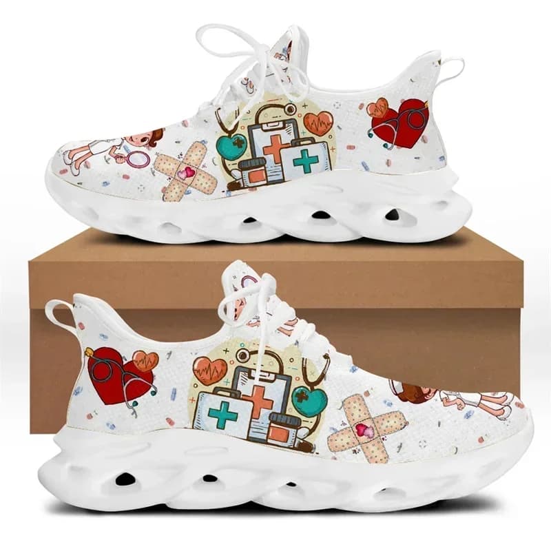 White Nursing Shoes For Women Cute Cartoon Nurse Women Sneakers Brand Design Doctor Medical Printed Light Lace-up Flats Zapatos
