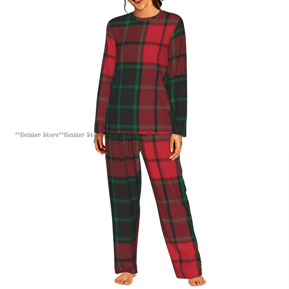 Women Round Neck Pajamas Set Christmas Plaid Checkered Tartan Graphics Long Sleeve Tops + Long Pants