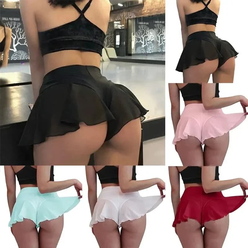 Pantaloncini Gonna Trasparenti Sexy da Donna con Volant, Mini Gonne a Vita Alta Trasparenti, Pantaloncini Estivi per Sport, Fitness, Yoga, Danza, Hot Pants S-3XL