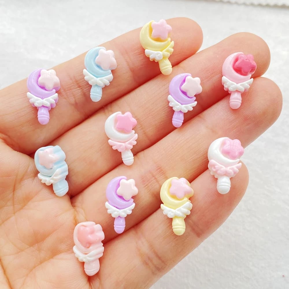 30 pezzi carino mini cartone animato colorato luna stella lecca-lecca nail art resina designer charms fai da te per unghie decorazioni 3D gioielli