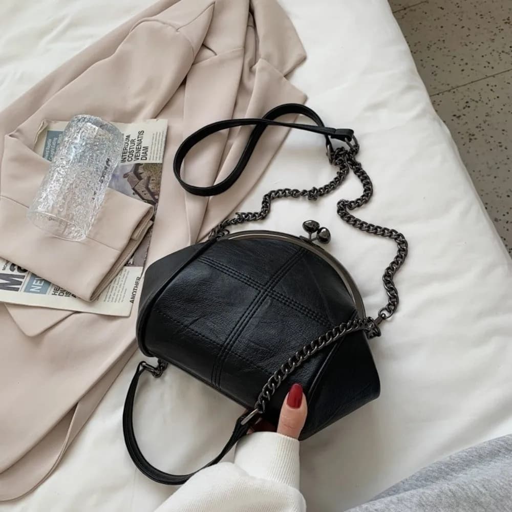 Solid Color Kiss Lock Handbag Chain Strap Large Capacity PU Leather Crossbody Bag Clip Closure Coin Purse Clutch Shoulder Bag