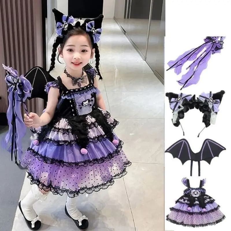 Costume da Principessa Sanrio per Halloween, Vestito Anime Kuromi Lolita, Abito Natalizio con Gonna Gonfia, Ali e Collana, Regalo per Ragazze