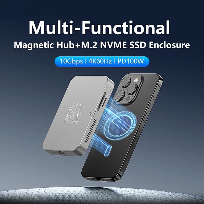 Docking Station Magnetica Multifunzionale con Enclosure SSD M.2 NVMe, Hub USB C 10Gbps, HDMI 4K60Hz, Lettore di Schede SD/TF