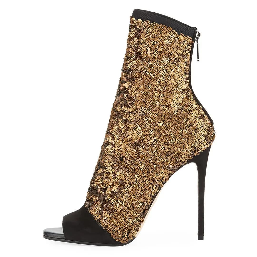 Patchwork BlingBling Peep Toe Mid-Calf Summer Women Sandals Boots Stiletto High Heels Back Zipper Design Large Size Shoes