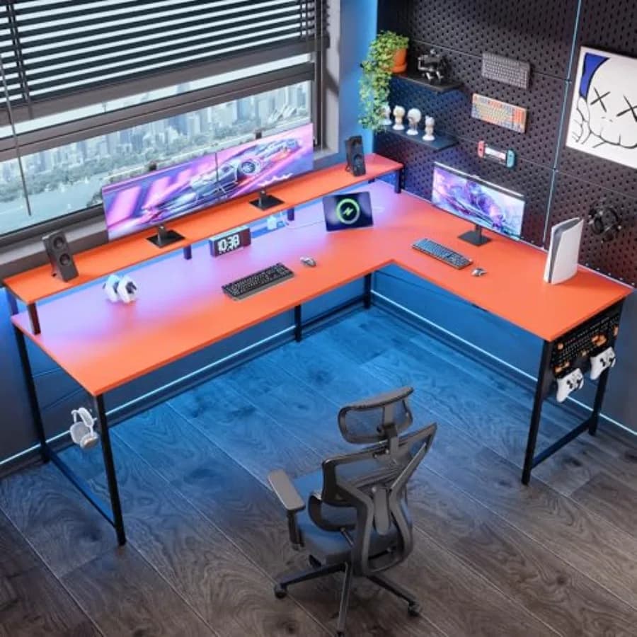 64 inch L-shaped gaming desk with power sockets and LED lights Large angle computer desk with monitor and PC Pegboard support