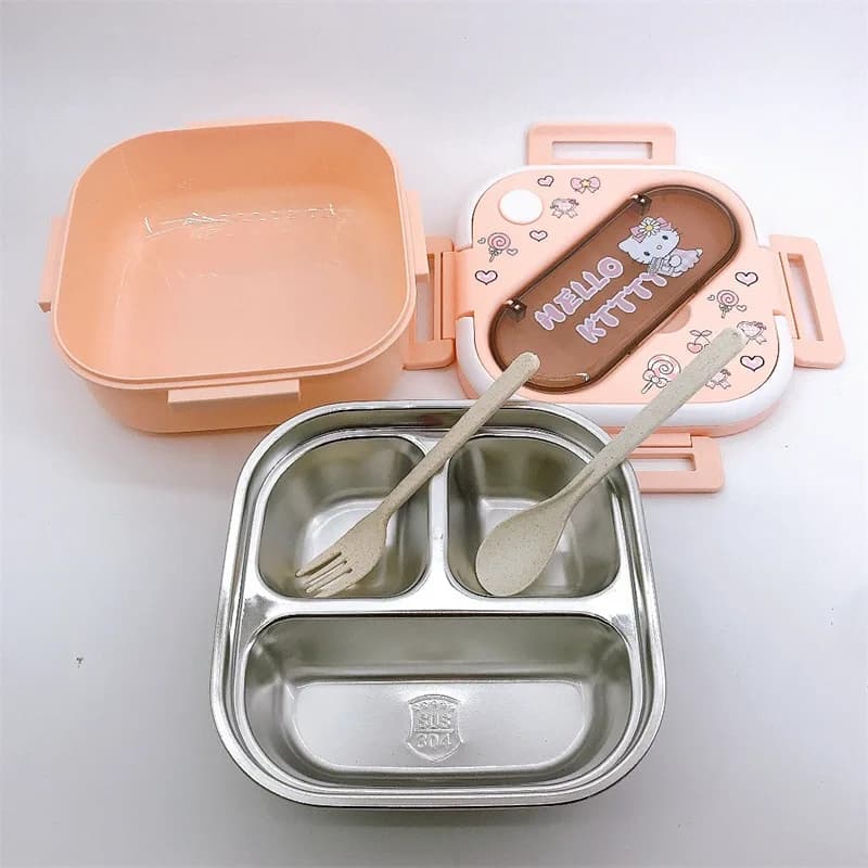 Sanrio Lunch Box Hello Kitty Lunchbox per bambini Contenitori per alimenti in acciaio inossidabile 304 Bento Box 1000ML Quadrato Tre griglie