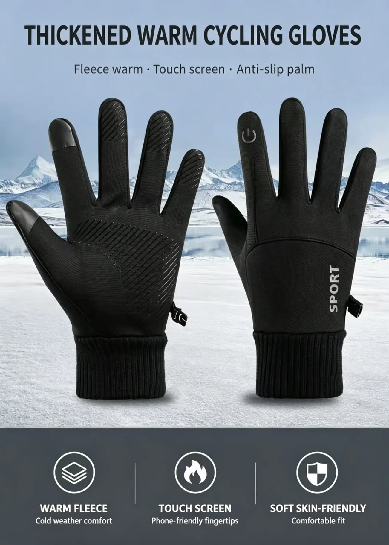 Thermal Fleece Winter Gloves Touch‑Screen Water‑Repellent Anti‑Slip Full‑Finger Gloves for Cycling Motorcycle Outdoor Sports