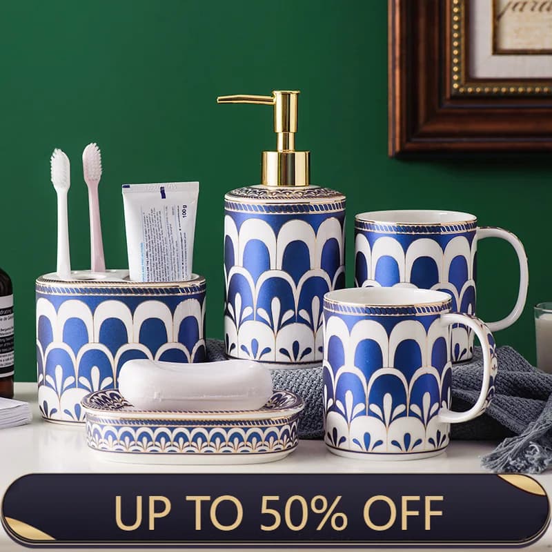 Ceramic Bathroom Wash Five Piece Set Ceramic Mouthwash Cup Bathroom Supplies Bathroom Accessories Soap Dispenser Cup Dispenser