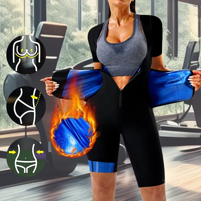 Completo sauna 4 in 1 da donna con pantaloncini e maniche corte per la perdita di peso, modellante compressivo per tutto il corpo con cintura contenitiva.