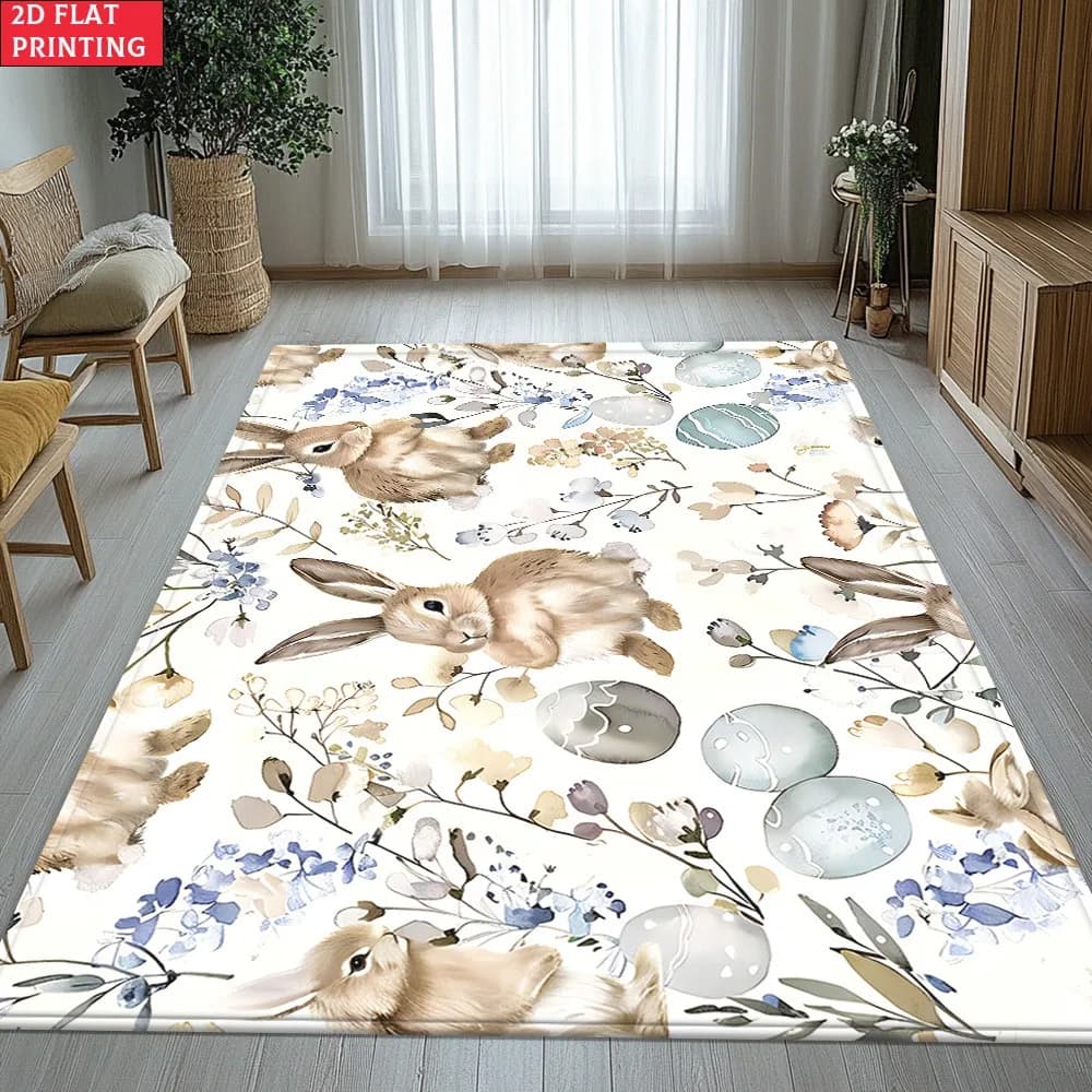 Interior mat with high definition printed Easter bunny pattern, yoga mat, non-slip bath mat, washable in washing machine and absorbent.