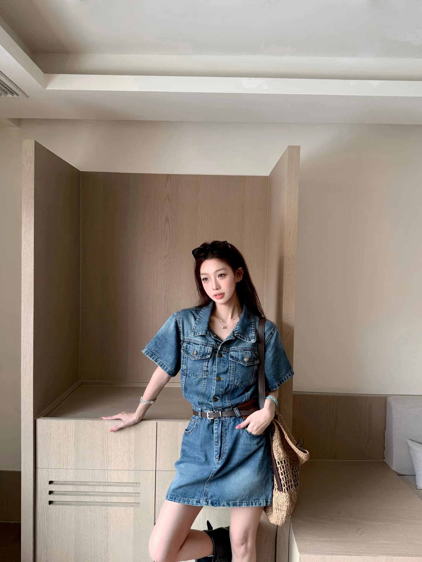 Retro Blue Single-Button Denim Dress Women's Summer Slimming Short A-Line Skirt Vintage Style Waist-Cinching Casual Wear